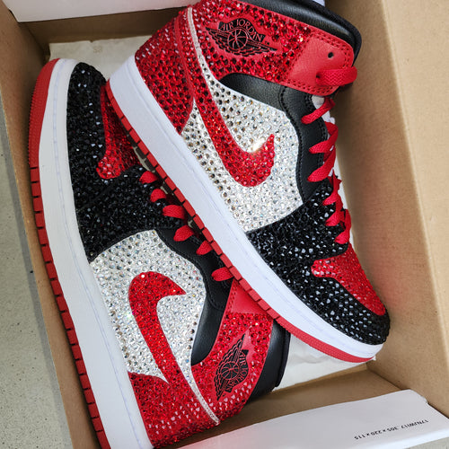 Jordan Women Mid (White/Red/Black) With Full Bling