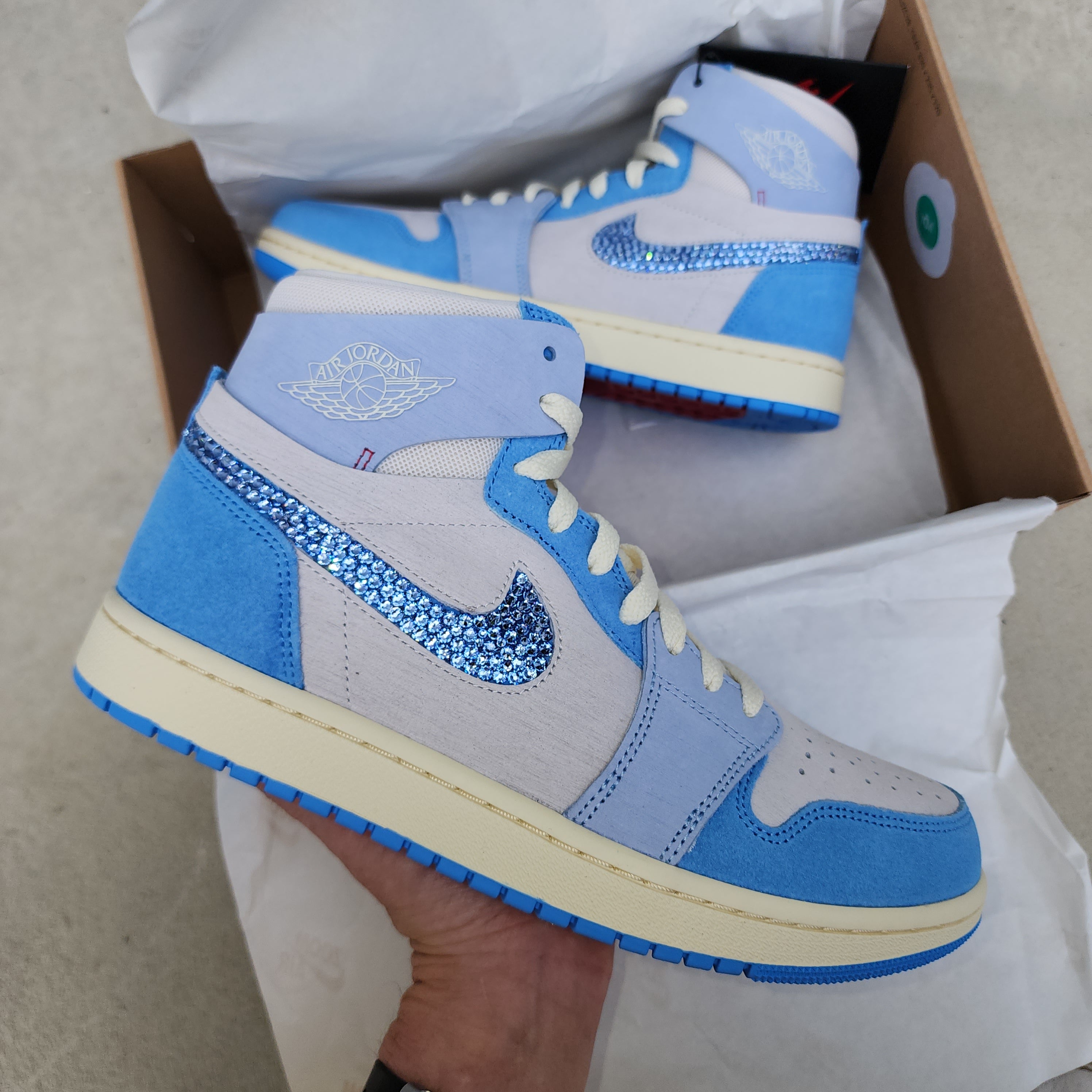 Jordan Women Mid (Blue/Off White) With Inner and Outer Blue Crystals