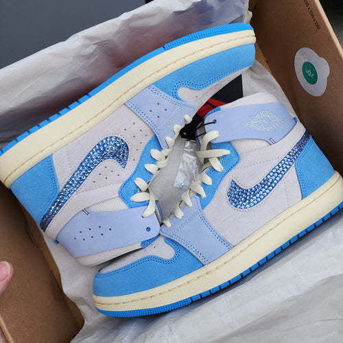 Jordan Women Mid (Blue/Off White) With Inner and Outer Blue Crystals