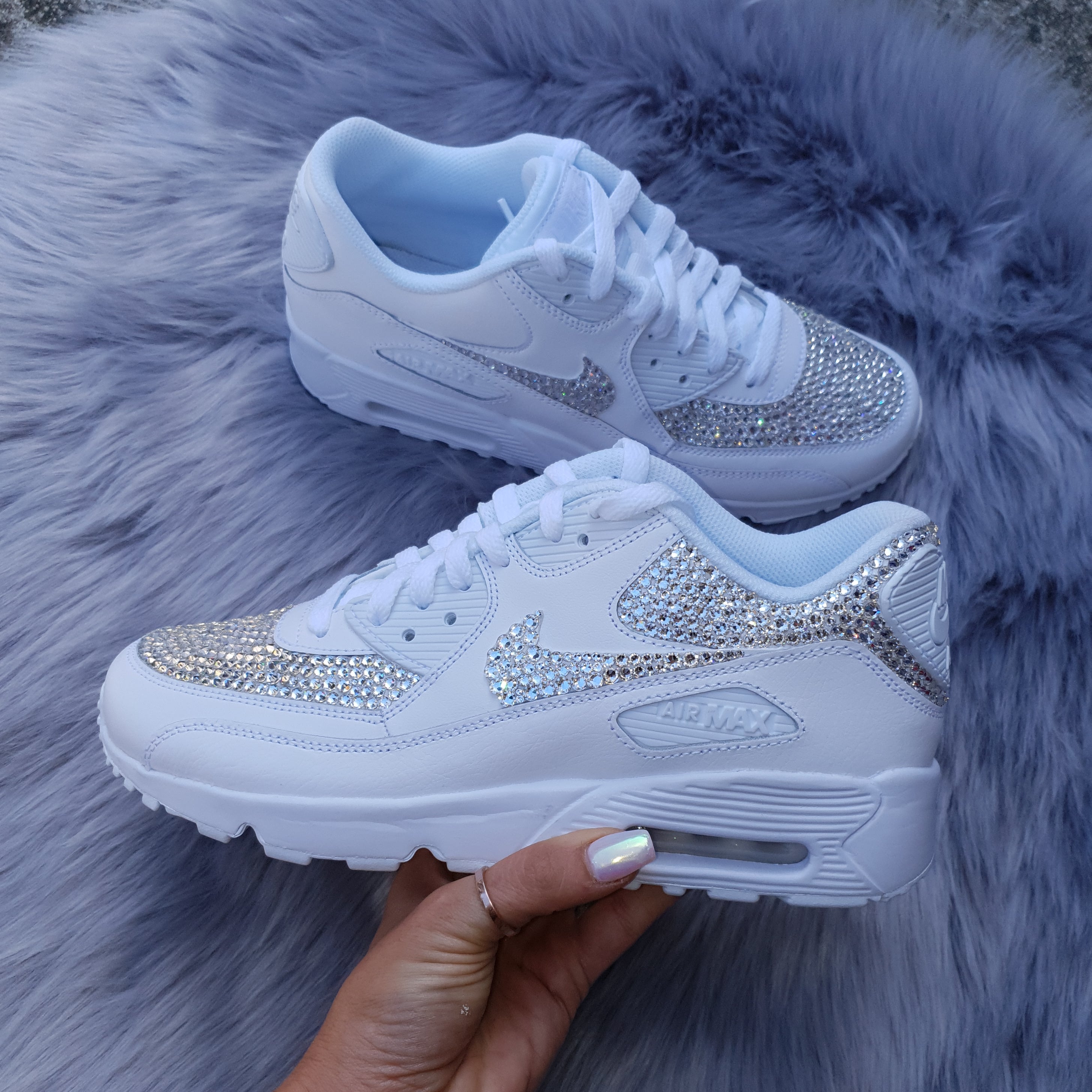 Swarovski Women's Air Max 90 Pink, White & Gray Sneakers Blinged with Authentic Swarovski Crystals Custom Bling Athletic Sneakers Shoes